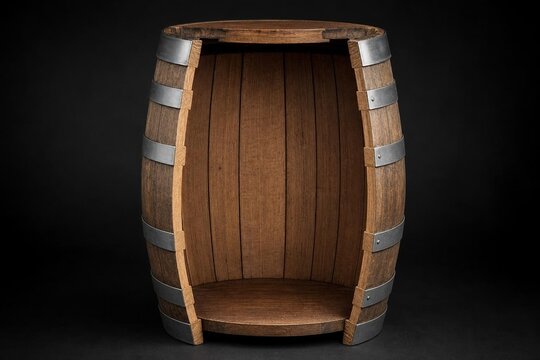 Cross-section of a wooden barrel with metal hoops against a dark background.