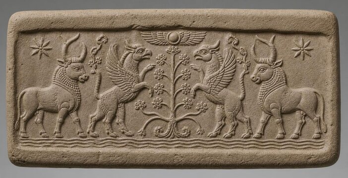 A detailed impression from a cylinder seal on clay, showing stylized mythological animals.