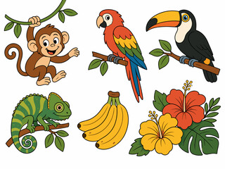 Obraz premium Cute cartoon jungle animals and tropical elements on a white background