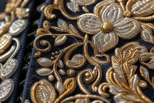 Intricate floral and geometric embroidery on charro jacket, gold and silver thread detail.