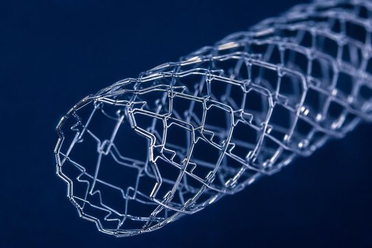 Ultra-fine metallic mesh stent showing intricate lattice on dark blue background.