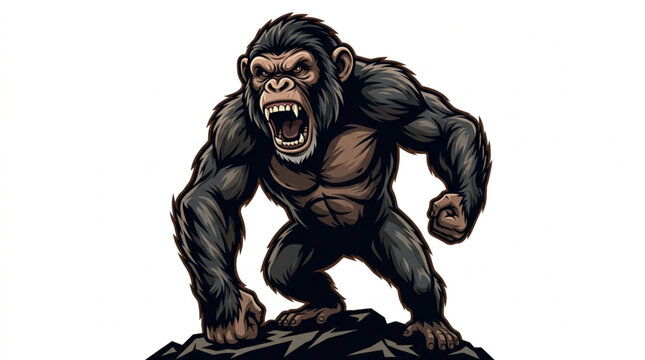 Angry aggressive chimpanzee roaring roaring on a rock vector illustration