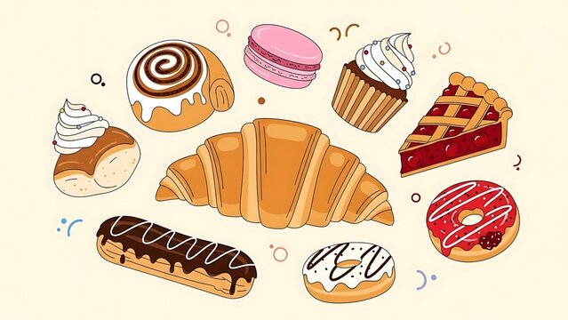 Colorful flat lay of various baked goods and sweets.