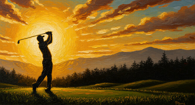 Golfer silhouette swinging a club on a scenic course during sunset. Impasto oil painting with thick textures and warm golden light. Sports art concept for luxury travel and leisure marketing.