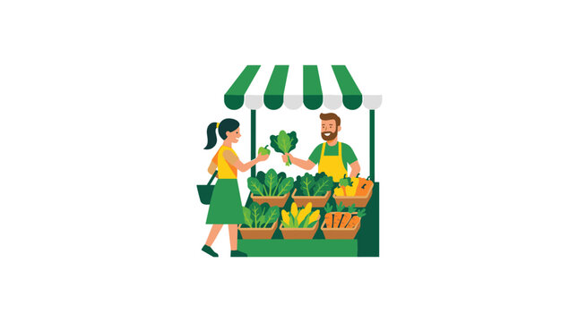 Fresh Produce Market Scene With Smiling Vendor And Customer