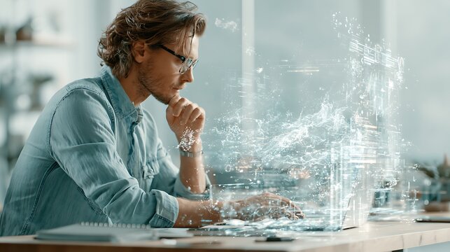 business analyst working with real-time holographic data visualization, charts floating in air, modern office, augmented reality concept, professional photography, 8k 