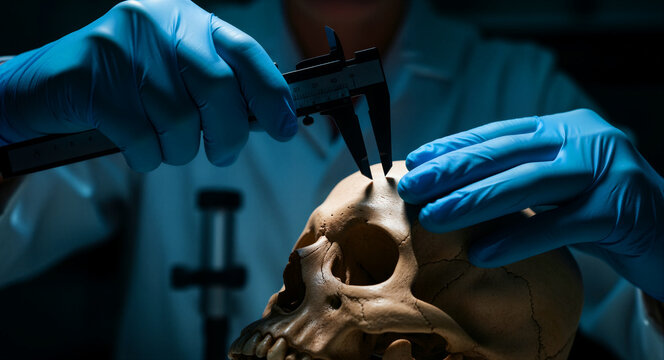 Scientist wearing blue gloves measuring a human skull with calipers in a dark lab setting. Forensic expert performing anatomical measurements for research. Forensic science and anthropology concept.