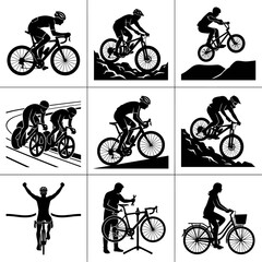 Obraz premium Cycling silhouettes on white background collection of bicycle rider shapes