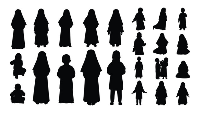 Collection of nun and child silhouettes in black against a white background a simple graphic silhouette nuns sister sisters habit