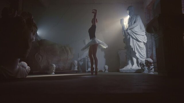 Graceful silhouette of dancing ballerina in ruins of ancient Greek temple. Fascinating female dancer performing classical choreography, culture and history, express emotions and talents, female beauty