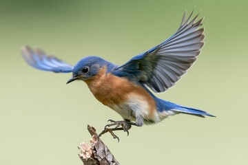 Obraz premium The bluebird in midflight perched on a weathered branch against a soft green backdrop
