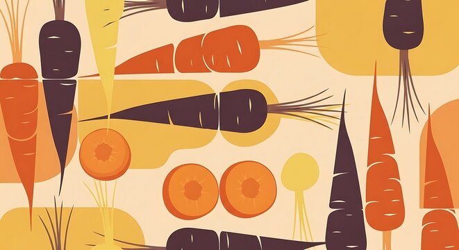 Colorful vegetable illustration pattern featuring carrots beetroots and citrus slices