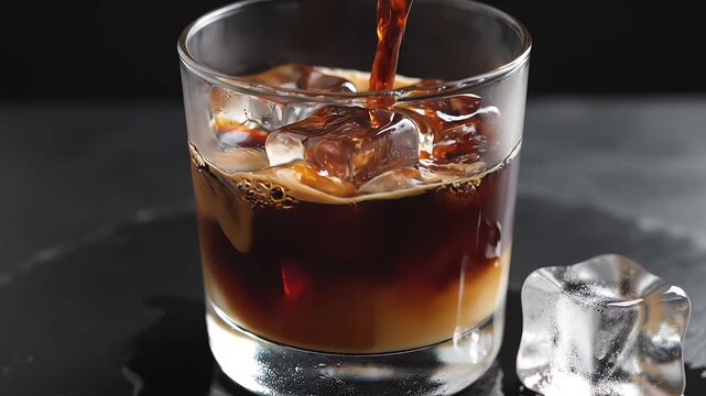 Pouring dark espresso coffee over fresh ice cubes in clear glass cup close up