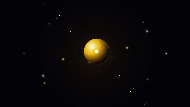 Golden atom nucleus with orbiting particles on black background