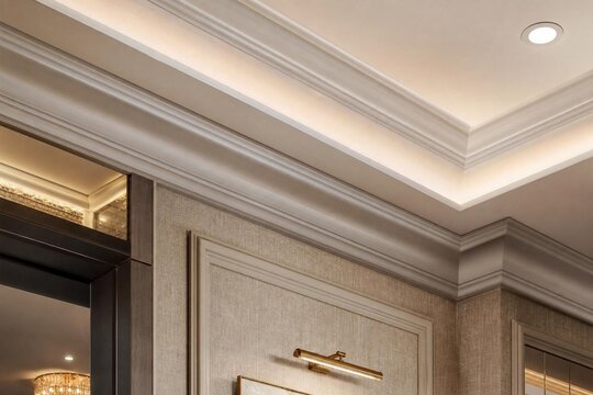 Decorative molding where ceiling and wall meet in an elegant joint.