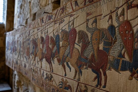 Close-up of an ancient tapestry depicting a Norman cavalry charge.