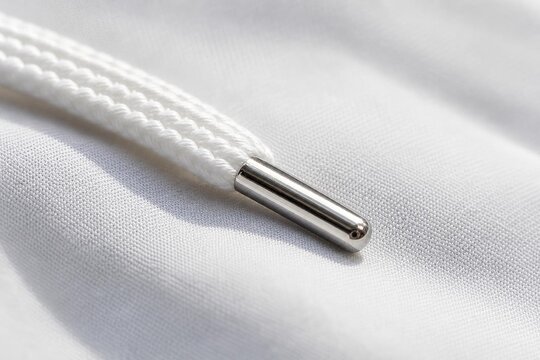 Close-up of white sneaker lace with metallic aglet on fabric.