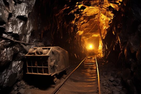 Old mining cart sits idle on rails leading into a dimly lit gold mine tunnel