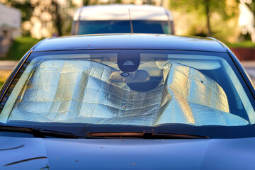 Fototapeta na wymiar Dark blue car with crinkled silver reflective sunshade placed inside windshield glass pane to block hot solar uv rays during bright summer daytime. Protective silver metallic foil sun shield screen
