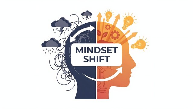 Mindset shift concept illustration, human head silhouette divided into two sides with chaotic thoughts and storm clouds versus creative ideas, light bulbs and growth