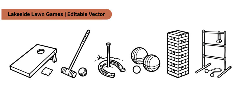 Lawn games vector icon set featuring cornhole, croquet, horseshoe, bocce, and ladder toss. Black and white outline graphic illustrations of backyard recreation and outdoor activities. Minimal designs.