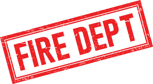 Bold red rubber stamp impression stating FIRE with distressed texture and white lettering