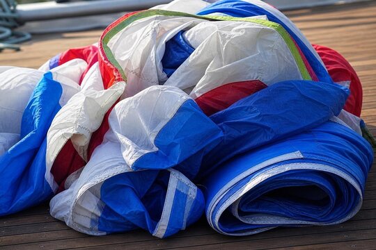 Folded nylon spinnaker sail on wooden deck, colorful textures.