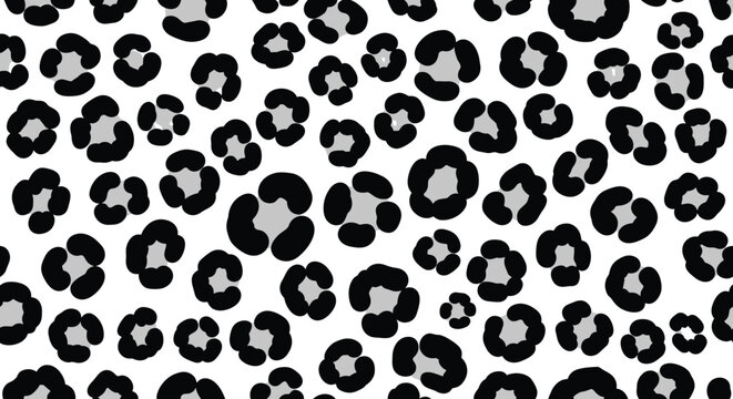 Seamless animal print pattern featuring black and gray leopard spots scattered over a solid and clean white background.
