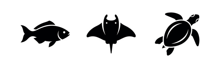 Set of three diverse marine animal silhouettes: fish, manta ray, and sea turtle, representing ocean wildlife. © Lili