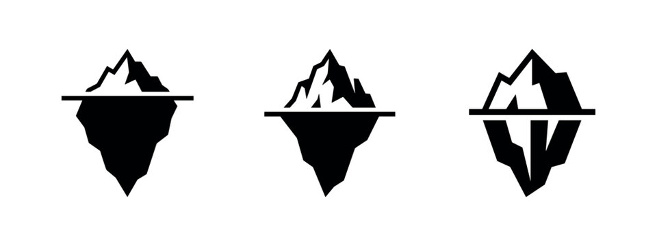 Set of three iceberg silhouettes, illustrating the visible and submerged parts, often used as a metaphor for hidden issues.
