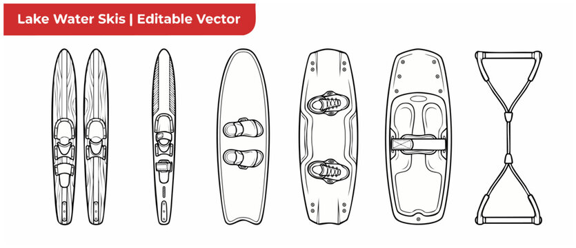 Water skis wakeboard vector icons set for summer lake water sports activities. Outline illustrations of slalom ski, kneeboard, wakesurf, tow rope, and extreme recreation equipment on white background.