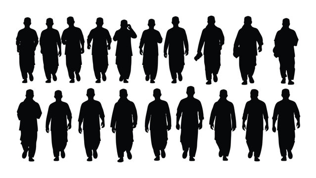 Collection of fifteen male figure silhouettes walking in varied poses against a white background silhouette figures human people man men