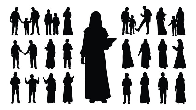 Collection of people silhouettes depicting various interactions and figures against a white background silhouette human group family couple child parent