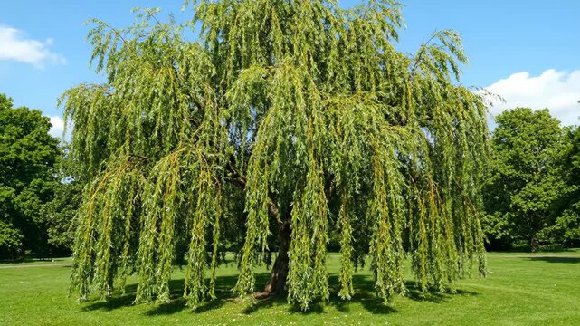 The park's weeping willows are lush and green, swaying in the wind