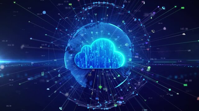 Global cloud infrastructure connects continents through digital networks. Light trails pulse around a glowing blue cloud symbol. Data streams flow between interconnected nodes across the globe