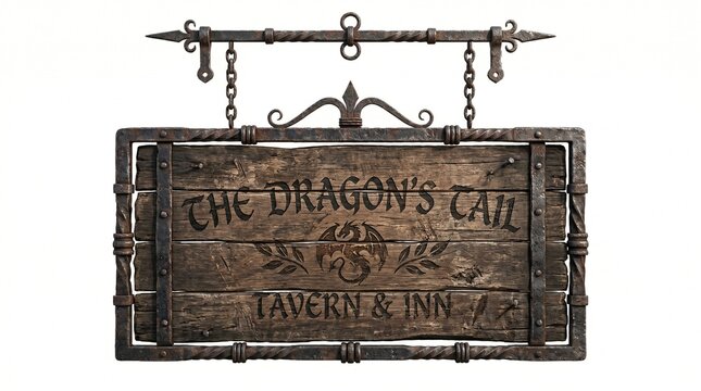 Old wooden sign with metal frame isolated PNG, rustic wood plank board for medieval fantasy game asset on transparent background