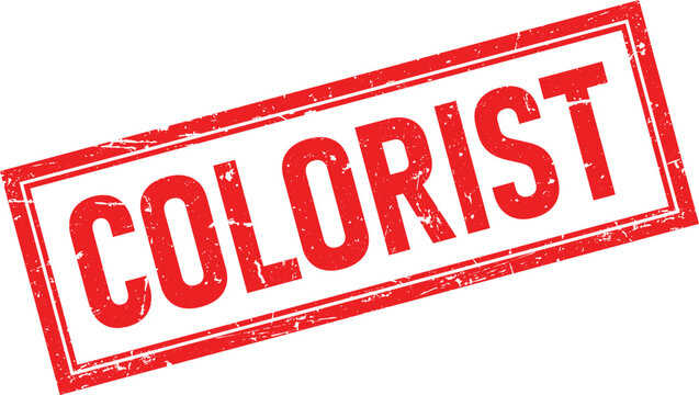 Distressed red ink stamp impression with the word COLORIST in bold white letters inside a double border