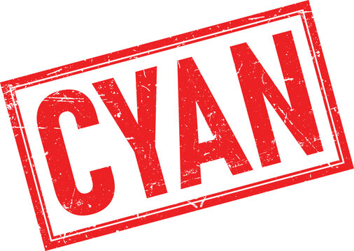 Distressed red ink stamp impression with the word CYAN in bold sans serif font