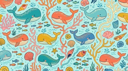 Fototapeta premium Whales, fish, coral, and shells create a delightful underwater animated pattern