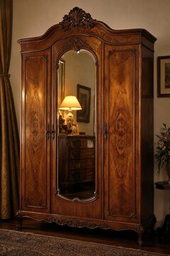 Vintage wooden armoire with ornate mirror, polished surface in warm golden light.