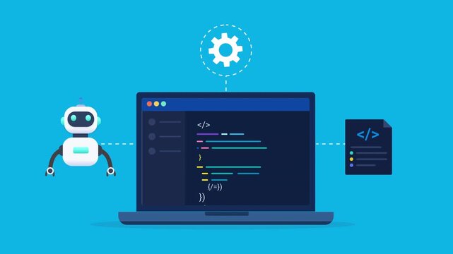 Modern flat vector animation featuring an AI coding assistant beside a laptop displaying software development code. Ideal for programming, automation, coding, and technology concepts.