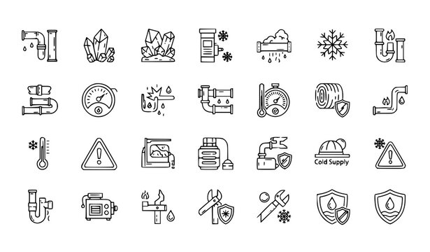 Frozen Pipes Outline Icon Set with Winter Plumbing and Frost Protection Symbols