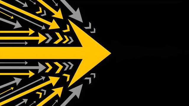 Abstract background with many yellow and grey arrows pointing to the right, concept of leadership, progress, success, business growth, teamwork, and moving forward on a black background