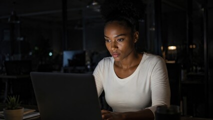 Fototapeta premium Woman working on laptop late at night in dark office.