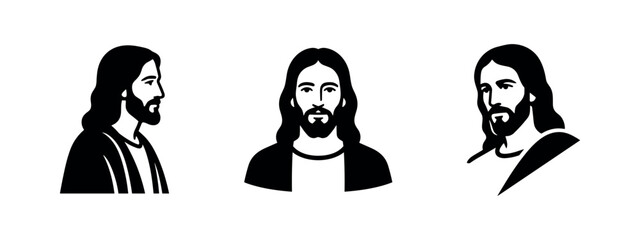 Obraz premium Jesus Christ head icon set in black and white silhouette