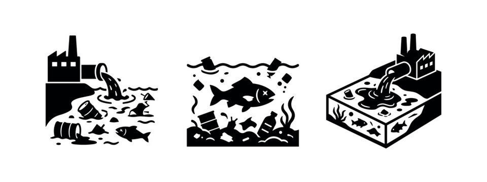 Water pollution and environmental damage icons from industrial waste and dead fish