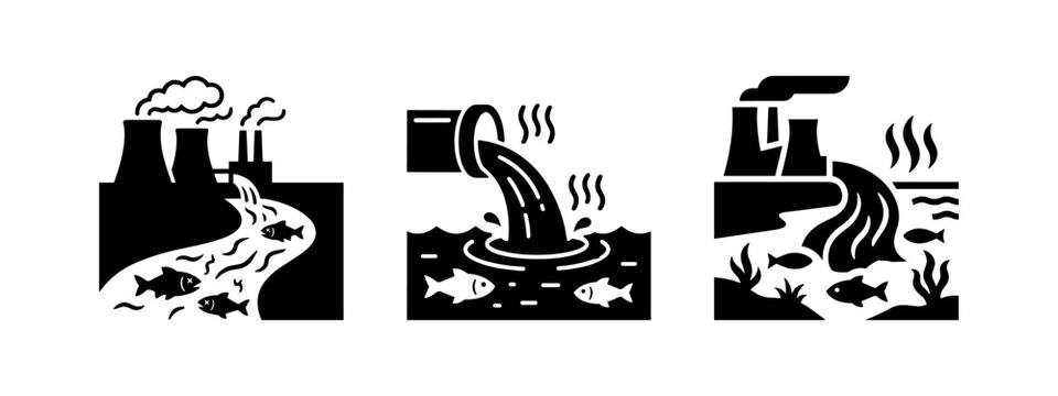 Industrial water pollution with dead fish and factory smoke icons