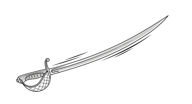 Elegant curved metal saber or sword with a detailed basket-style hilt depicted in a monochrome illustrative style.