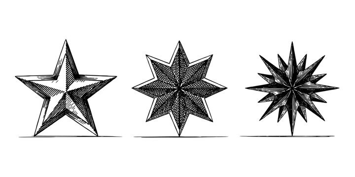 Stars with Intricate Vintage Hand-Drawn Detailing in a Set of Three Featuring Detailed, Illustration, Star Shapes with Artistic and Black and White