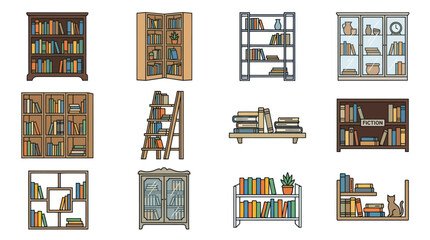 Interior bookcases and wooden bookshelf furniture icon set. © Alya
